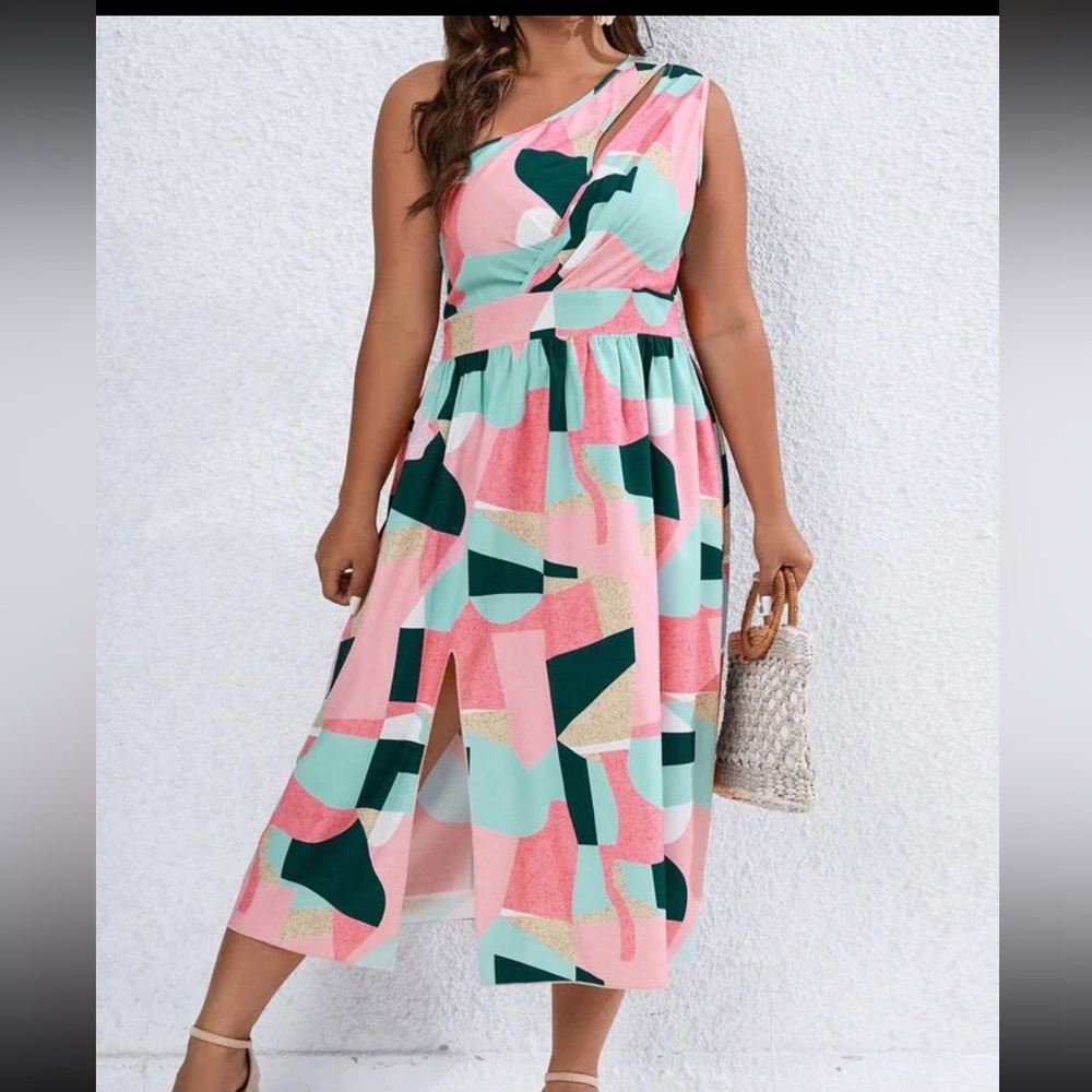 Geo Print One Shoulder Split Thigh Dress - MultiColor